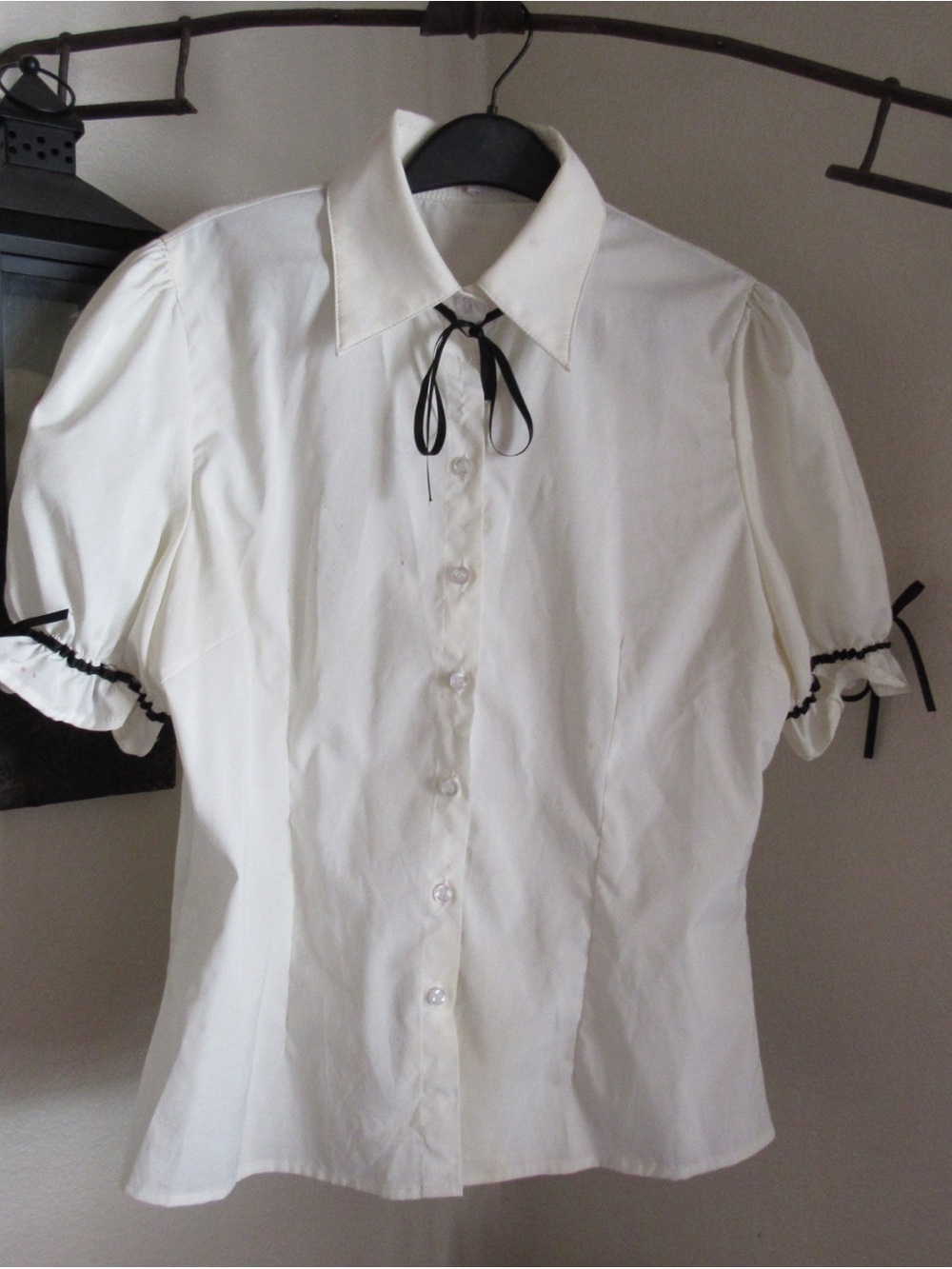 Tatyana Puff Sleeve Button-Up Blouse with Black Ribbon